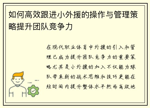 如何高效跟进小外援的操作与管理策略提升团队竞争力